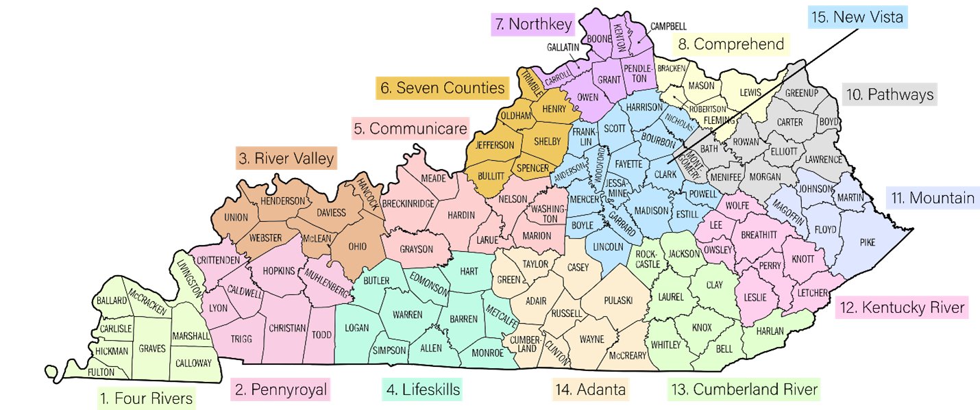 A colorful map of the state of KY shows the different regions of the state where Regional Prevention Centers are present.