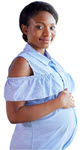 A pregnant woman in a blue top with her hand resting on her stomach. 