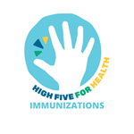 High Five for Health Immunizations blue and yellow logo with hand in the center. 