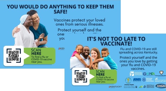 Thumbnail versions of the It's Not Too Late Flu and COVID-19 Shareable Social Media Graphics.